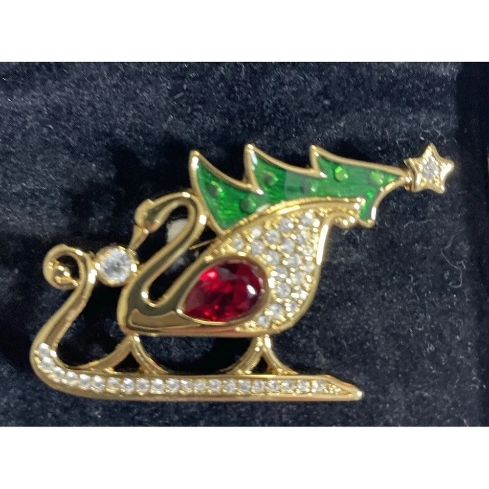 Swarovski Swan Signed Gold Tone Green Enamel Clear‎ Red Crystals Sleigh  Brooch